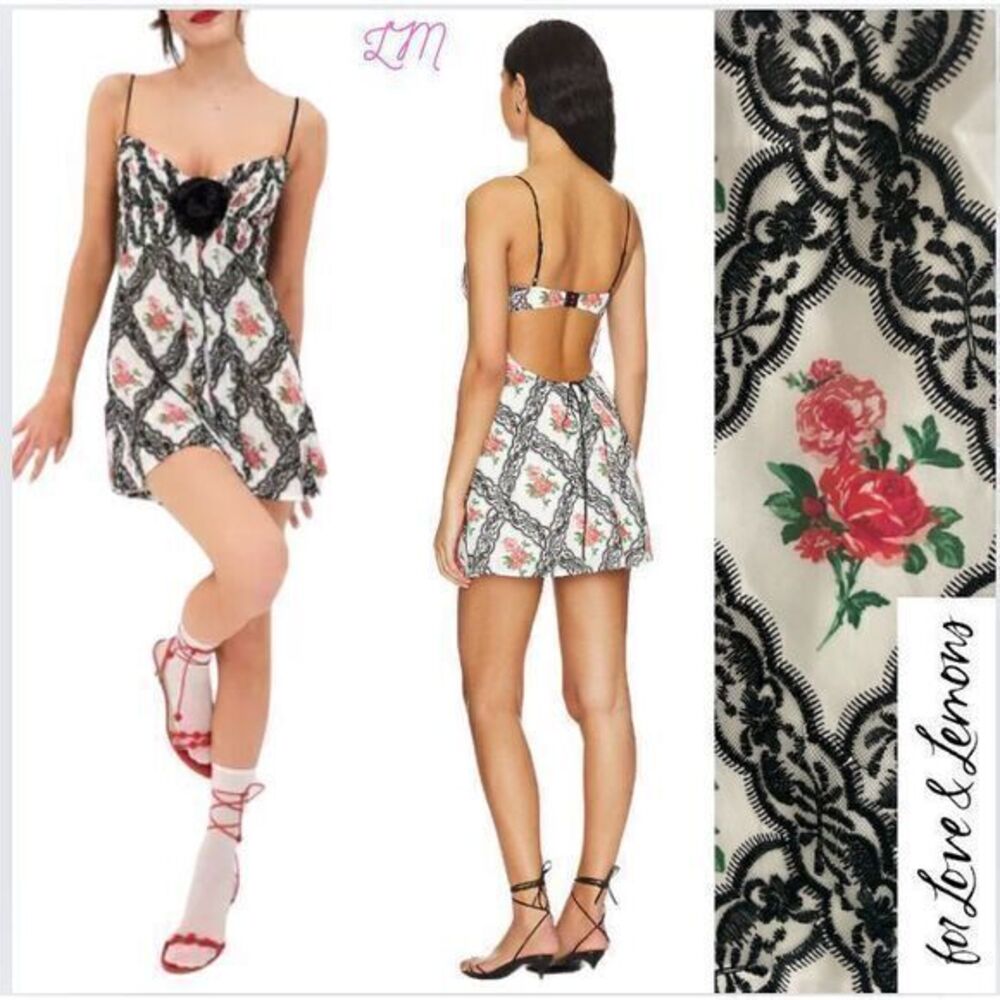 For Love and Lemons Greta Mini Dress Size Small Black Lace Red Roses - Picture 2 of 12